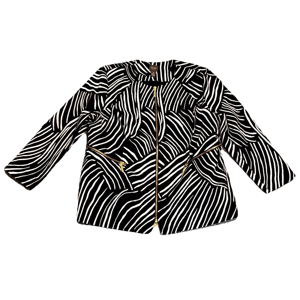 Chicos Travelers 2 Jacket Womens Zip Front Zebra Black White Long‎ Sleeve Artsy